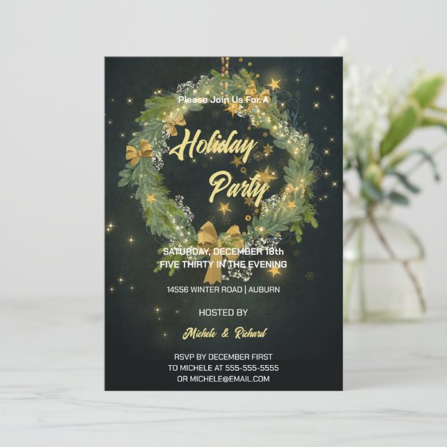 Night Sky und Wreath Holiday Party Einladung (Stehend Vorderseite)