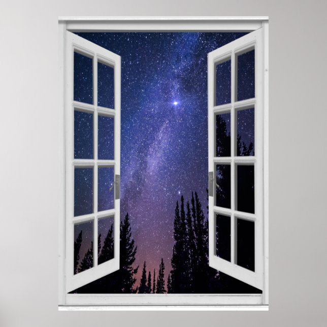 Night Sky View Trompe l'oeil Fake Window Poster (Vorne)