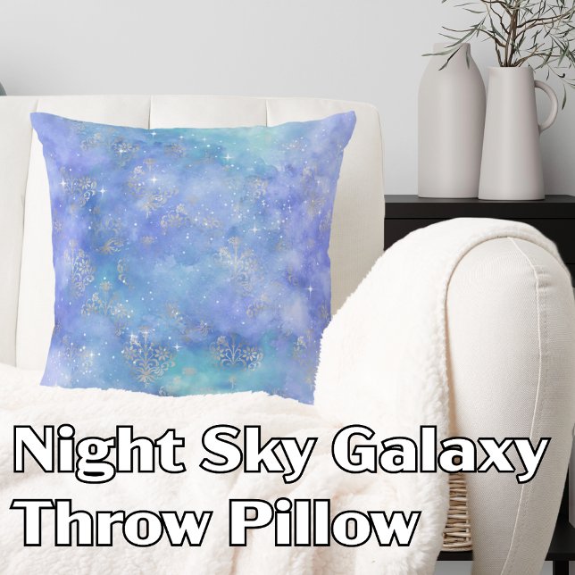 Night Sky Watercolor Galaxy Lila Blue Silver Kissen (Night Sky Galaxy Purple Blue Silver Groovy abstract Throw Pillow)