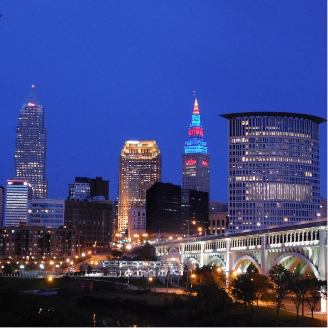 Night Skyline Cleveland OH Photo Sculpture Freistehende Fotoskulptur (Vorne)