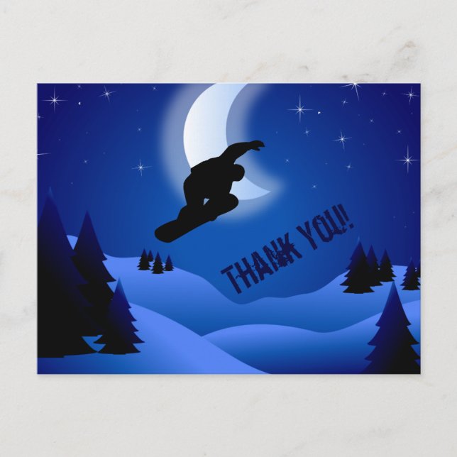 Night Snowboarding Mountain and Moon Vielen Dank Postkarte (Vorderseite)