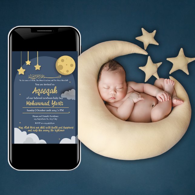 Night Star Blue aqeeqah muslim Neugeborener Einladung (Von Creator hochgeladen)