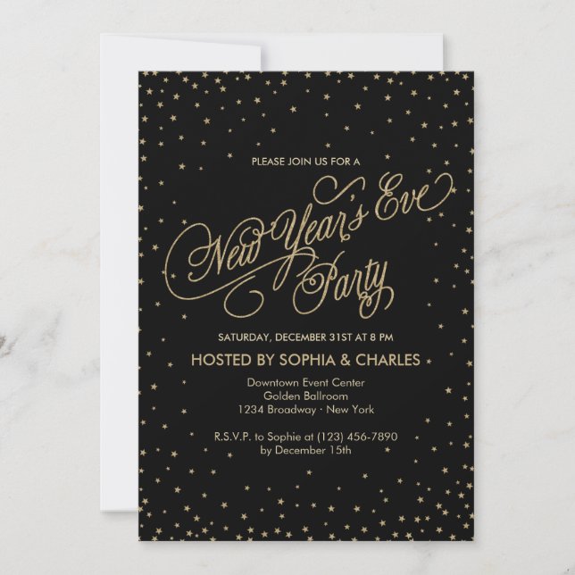 Night Stars Gold & Black New Year's Eve Party Einladung (Vorderseite)