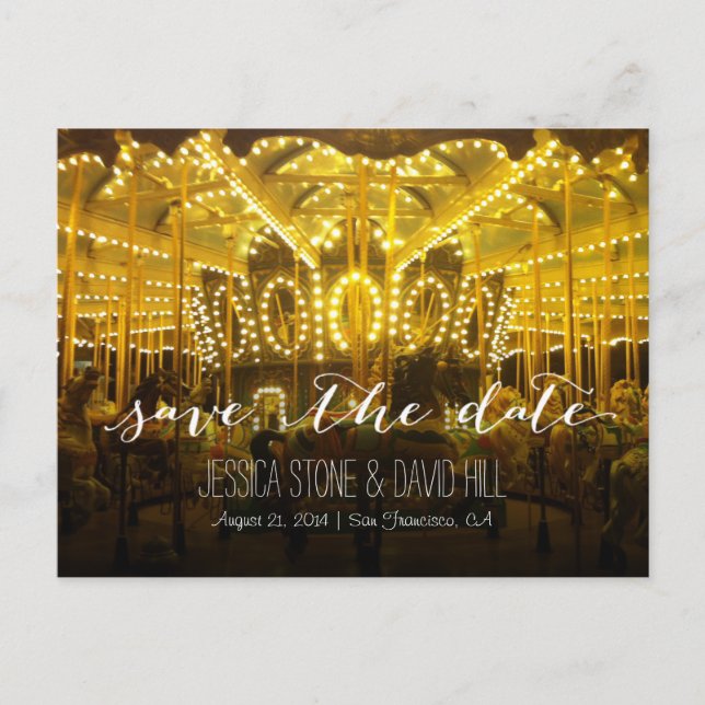 Night Time Merry Go Round Wedding Save the Date Ankündigungspostkarte (Vorderseite)