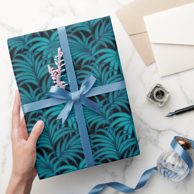 Night Tropical Aquamarin Palm Blätter Geschenkpapier (Schenken)
