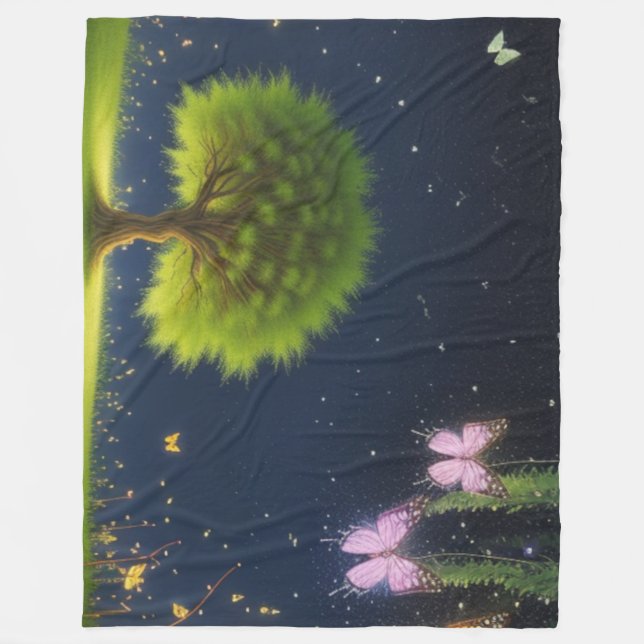 Night Willow Tree mit Schmetterlingen und Glühwürm Fleecedecke (Vorderseite)