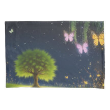Night Willow Tree mit Schmetterlingen und Glühwürm