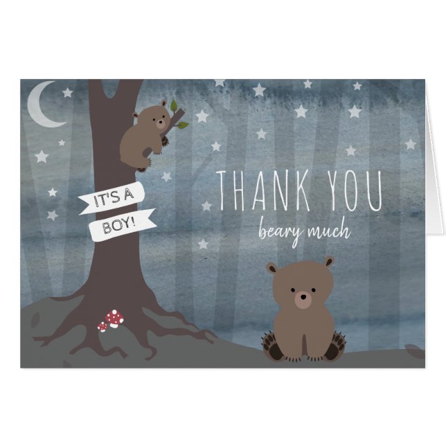 Night Woodland Bear Boy Baby Dusche Vielen Dank (Vorderseite (Horizontal))