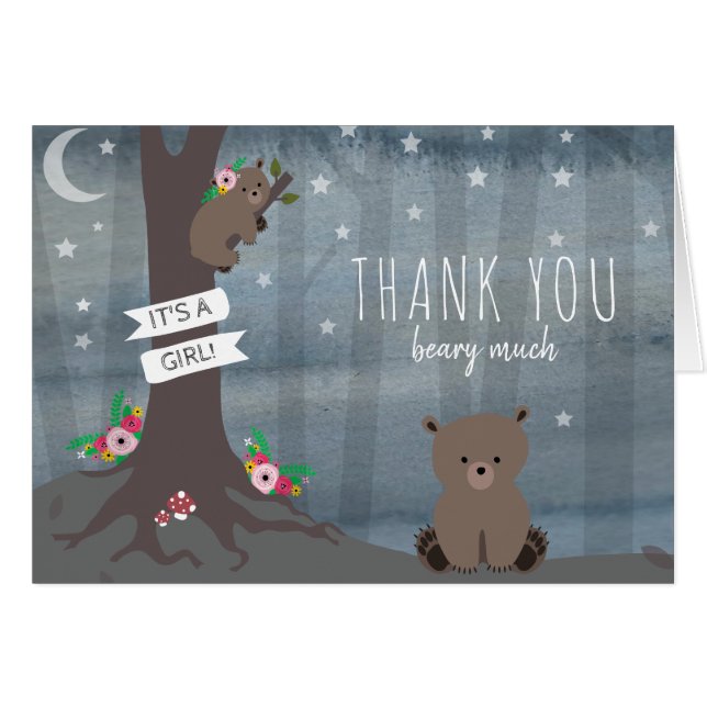 Night Woodland Bear Girl Baby Dusche Vielen Dank (Vorderseite (Horizontal))