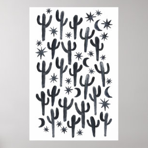 Night Wüste Fun Cactus Indigo Muster Wasserfarbe Poster