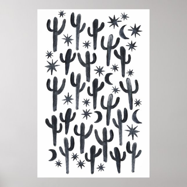 Night Wüste Fun Cactus Indigo Muster Wasserfarbe Poster (Vorne)