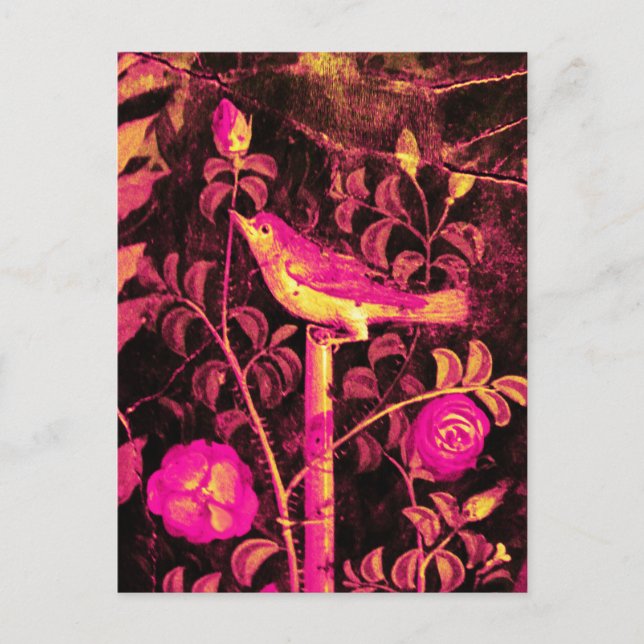 NIGHTINGALE MIT ROSE, Pink Fuchsia Schwarz Gelb Postkarte (Vorderseite)