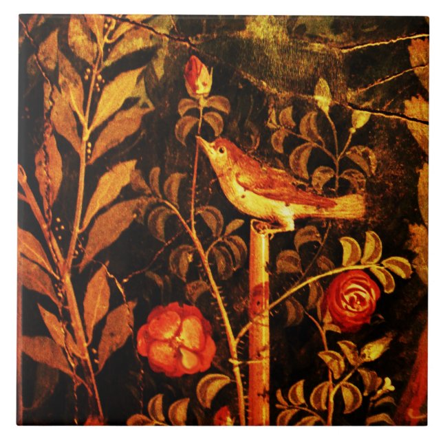 NIGHTINGALE MIT ROSE, Rot-Schwarz-Gelb-Pompeji Fliese (Vorderseite)