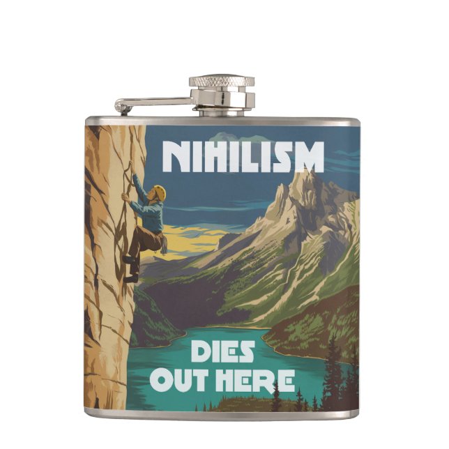 Nihilismus stirbt hier am Felsklettern Flachmann (Vorderseite)