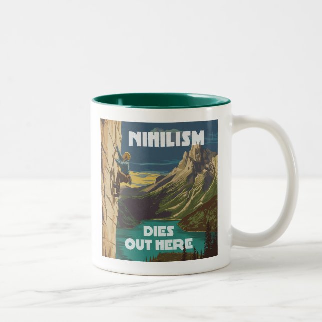 Nihilismus stirbt hier am Felsklettern Zweifarbige Tasse (Rechts)
