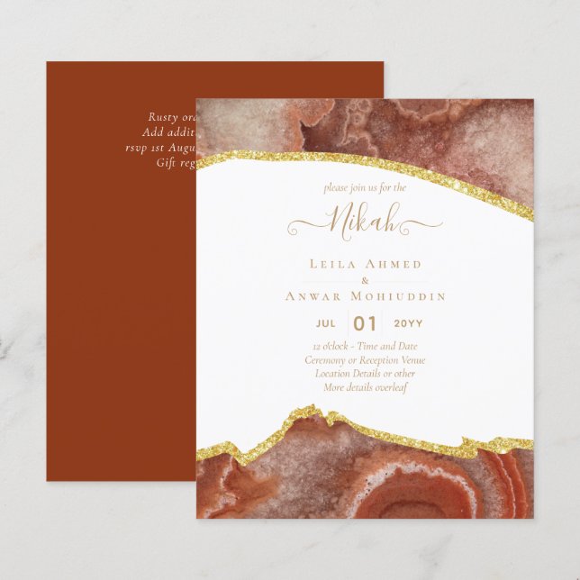 NIKAH - Agate Gold BUDGET Hochzeitseinladungen (Vorne/Hinten)