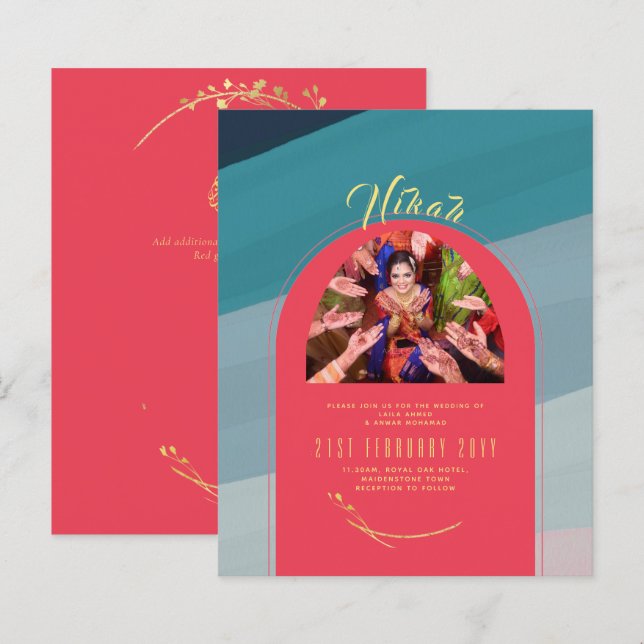 NIKAH Aquamarin Red Gold FOTO Hochzeit Einladung (Vorne/Hinten)