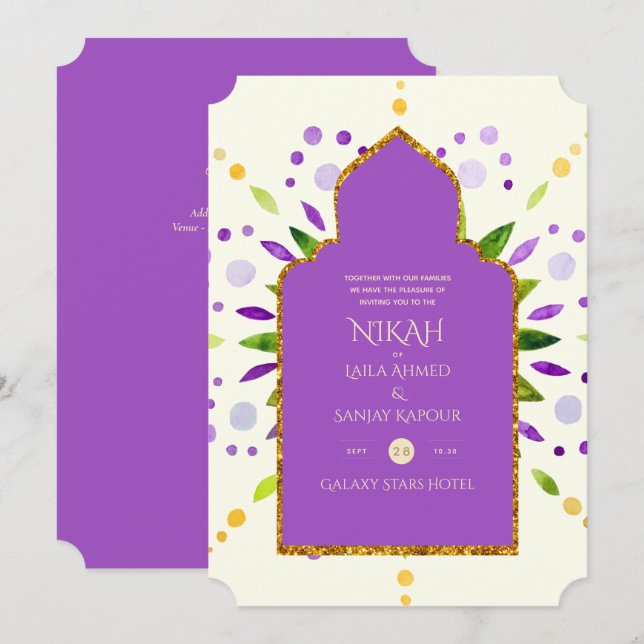 NIKAH - Einladung zur Lila Goldhochzeit in Mandala (Vorne/Hinten)