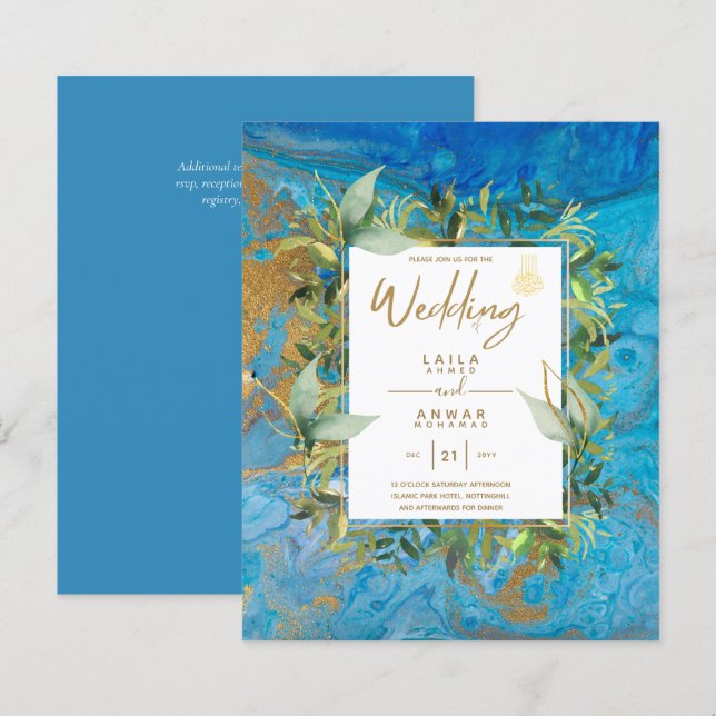 NIKAH - Einladungen für die Blaue Gold-Islamische  (Vorne/Hinten)