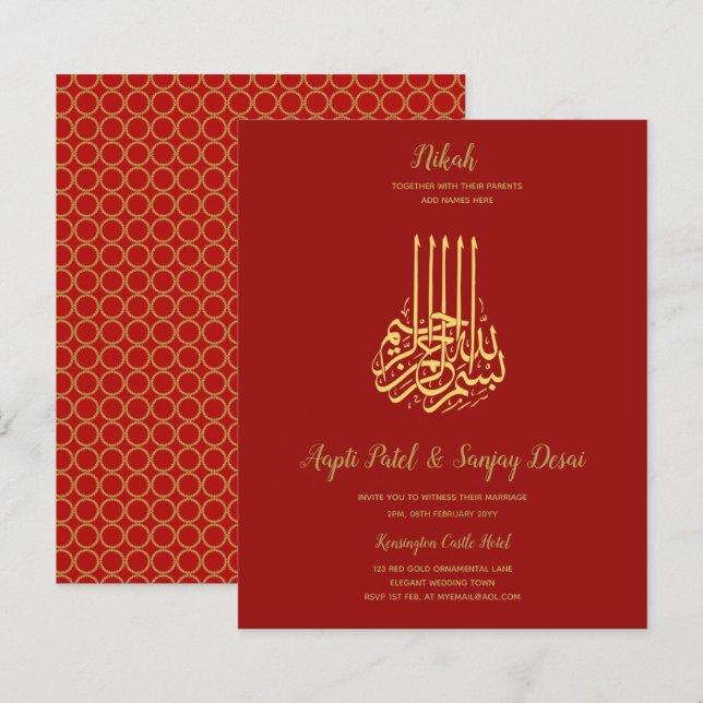 Nikah - Einladungen für die Red Gold Islamic Motif (Vorne/Hinten)