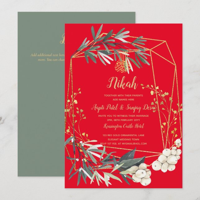 Nikah - Goldene Grüne Islamische Motif Wedding Ein Einladung (Vorne/Hinten)