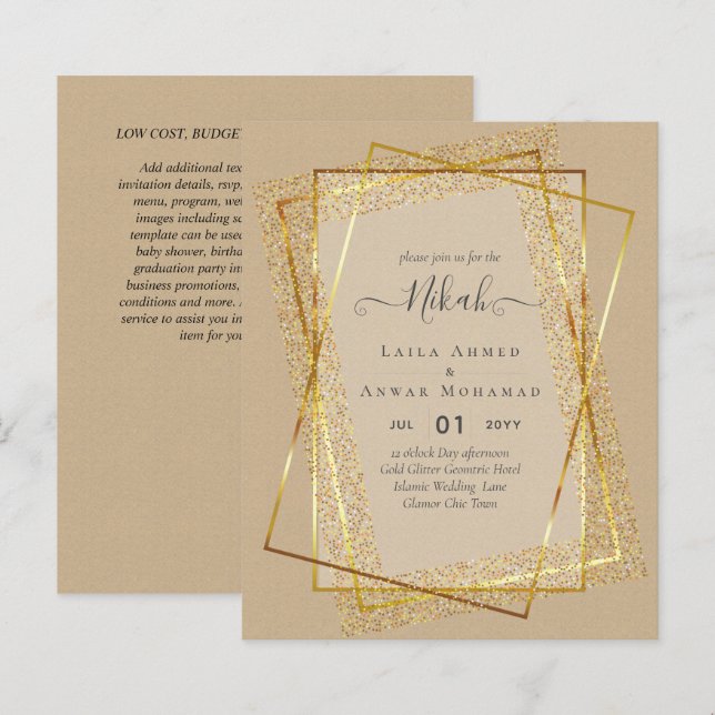 NIKAH - HAUSHALT - Einladungen - GOLD-Glitzer-Rahm (Vorne/Hinten)
