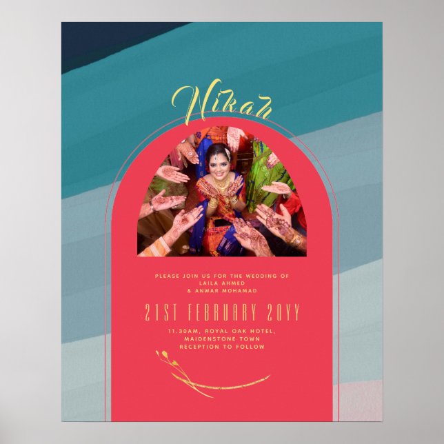 NIKAH Mariage Faire-part Photo or rouge Poster (Devant)