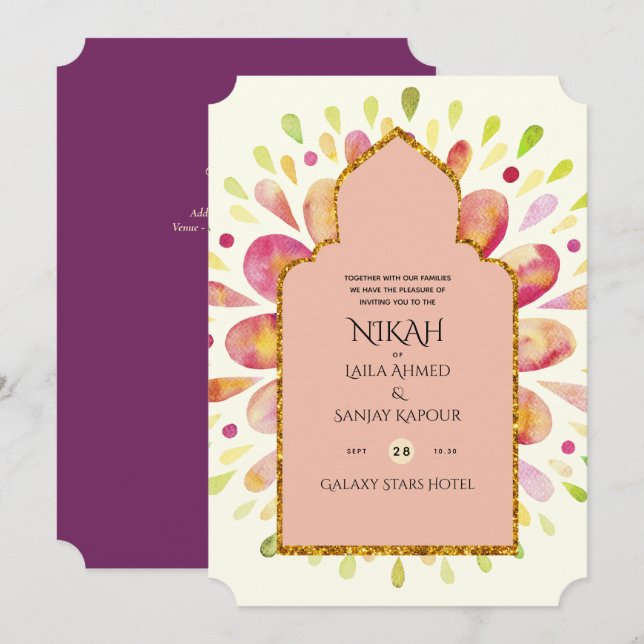 NIKAH - Modern Mandala Berry Gold Wedding Invitati Einladung (Vorne/Hinten)