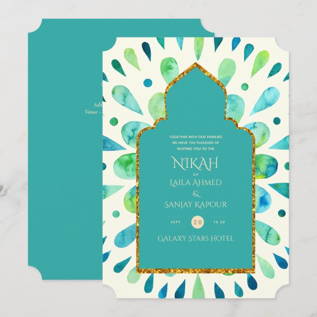 NIKAH - Moderne Mandala Turquoise Gold Wedding Einladung (Vorne/Hinten)