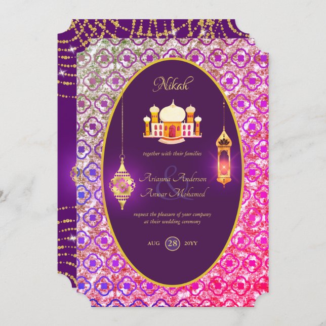 NIKAH - Mosquée ornée Faire-part de mariage violet (Devant / Derrière)