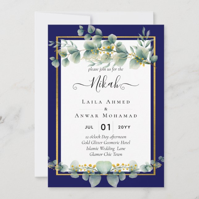 NIKAH NAVY BLUE GOLD Greenerie Eukalyptus Wedding Einladung (Vorderseite)