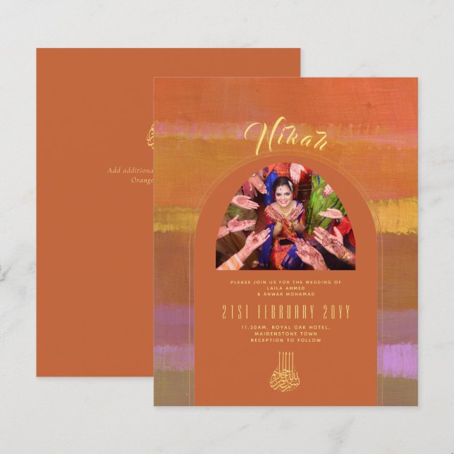 NIKAH Orange Gold FOTO Hochzeit Einladung (Vorne/Hinten)