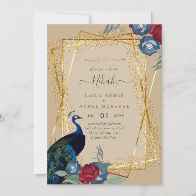 NIKAH Peacock Floral Gold Rahmen Islamische Hochze Einladung (Vorderseite)