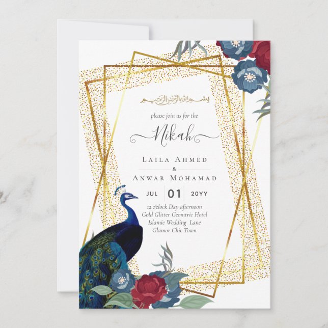 NIKAH Peacock Floral Gold Rahmen Islamische Hochze Einladung (Vorderseite)