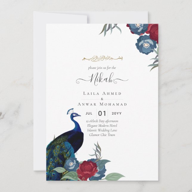 NIKAH Peacock Floral Walimah Islamischer Hochzeits Einladung (Vorderseite)
