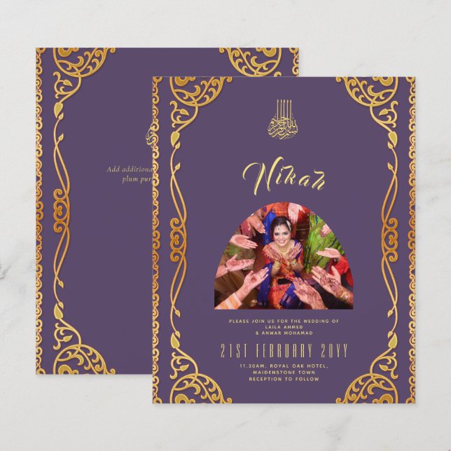NIKAH Plum Gold FOTO Hochzeit Einladung (Vorne/Hinten)