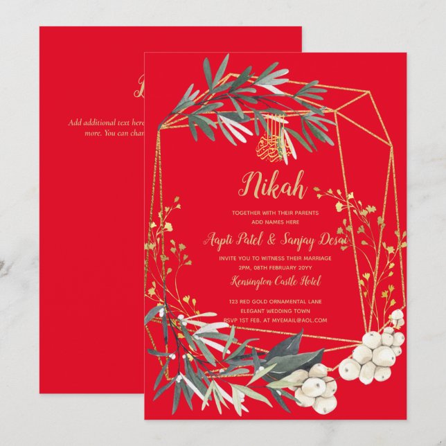 Nikah Red Gold Greenery Islamische Hochzeit Einlad Einladung (Vorne/Hinten)