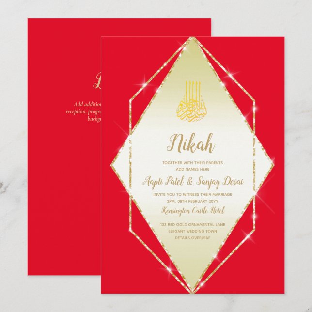 Nikah Red Gold Islam Motif Mariage Invitation (Devant / Derrière)