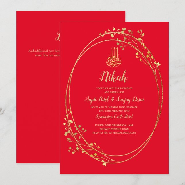 Nikah Red Gold Islamic Motif Wedding Einladung (Vorne/Hinten)