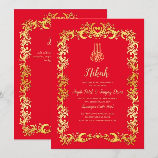 Nikah Red Gold Islamic Motif Wedding Einladung (Vorne/Hinten)