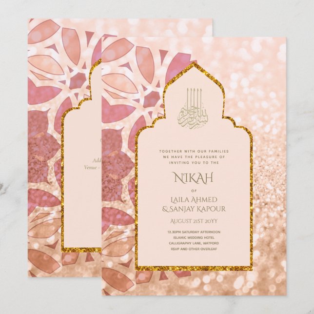 NIKAH - Verziert Rosegold Pink Gold Wedding Invita Einladung (Vorne/Hinten)