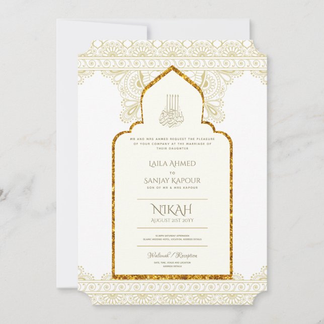 NIKAH - Verzierte islamische Moschee-Goldhochzeit Einladung (Vorderseite)