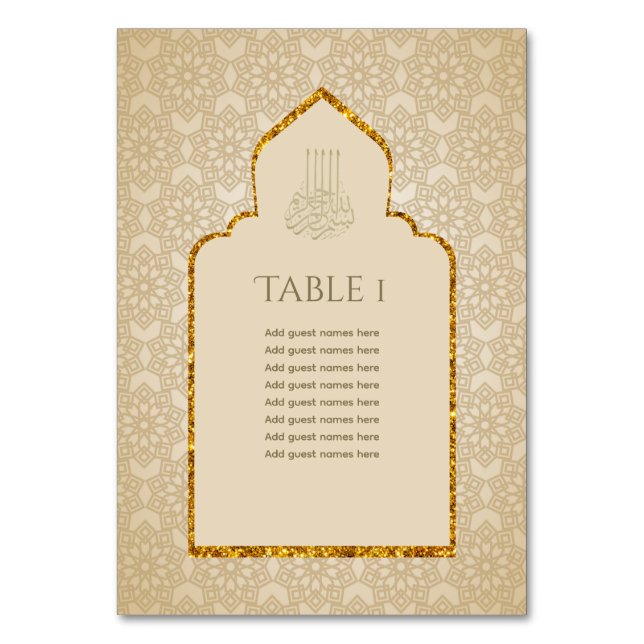 NIKAH - Verzierte islamische Moschee-Goldhochzeit Tischnummer (Vorderseite)