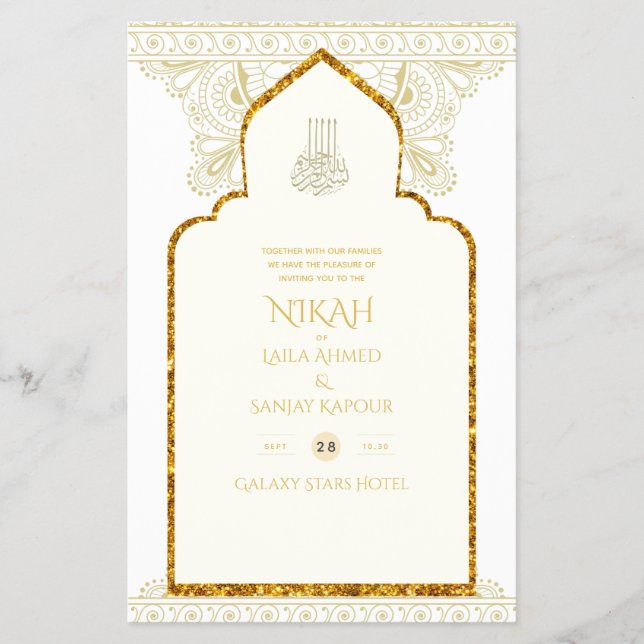 NIKAH - Verzierter islamischer Moschee-Gold-Weddin Flyer (Vorne)
