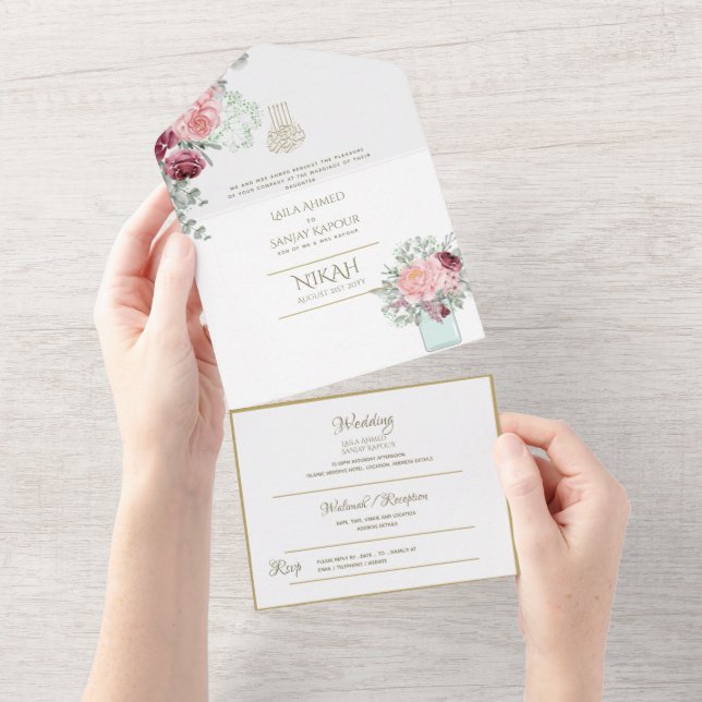 NIKAH WALLIMAH Gold Floral All in All In One Einladung (Abreißen)