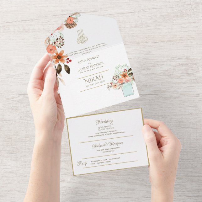 NIKAH WALLIMAH Gold Floral All in One Einladung (Abreißen)