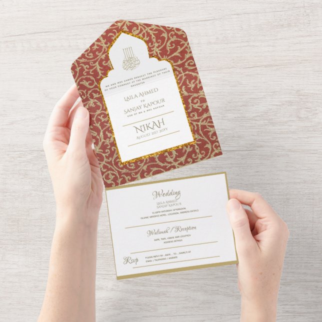 NIKAH WALLIMAH Gold Red Verziert All In One Einladung (Abreißen)