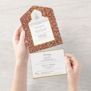 NIKAH WALLIMAH Gold Red Verziert All In One Einladung