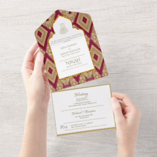 NIKAH WALLIMAH Gold Red Verziert All In One Einladung