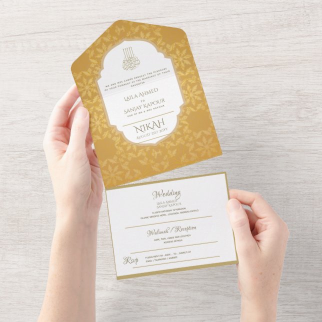 NIKAH WALLIMAH Gold Verziert All In One Einladung (Abreißen)